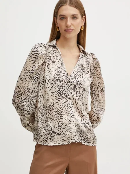 Риза Morgan CANEL.F дамска със стандартна кройка с класическа яка CANEL.F бежово