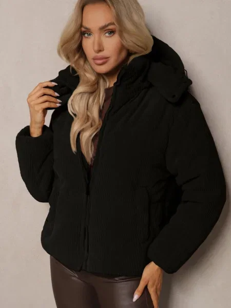 Puchowa Kurtka Sztruksowa z Kapturem z Możliwością Odpięcia Sinrielle czarna