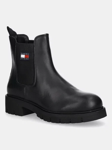 Tommy Jeans cizme TJW CHELSEA LEATHER BOOT cu plat negru