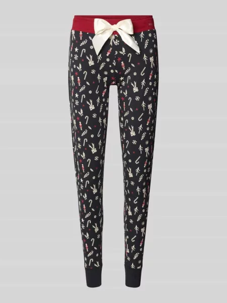 Spodnie od piżamy ze wzorem na całej powierzchni i kokardą Skiny czarne