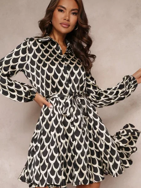 Sukienka Koszulowa z Falbanką i Wiązanym Calalla czarna