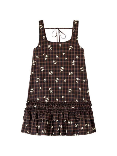 Rochie mini Ganni în carouri cu volane maro