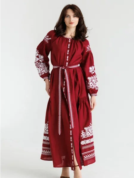Лляна Вишита сукня Folk Moda бордовий