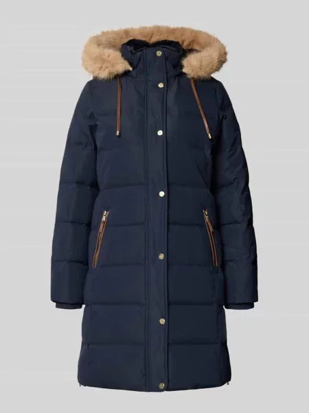 Płaszcz puchowy o kroju regular fit z obszyciem ze sztucznego futra Lauren Ralph Lauren granatowe
