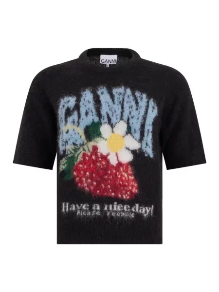 Sweter Ganni wełniany z krótkim rękawem czarny