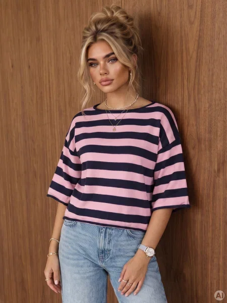 Sweter oversize w paski granatowo-różowy Dstreet różowy