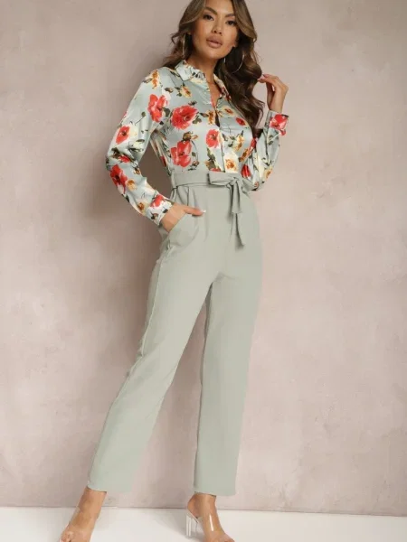 Combinație Elegantă cu Bluză Tip Cămașă cu Flori cu Funda în Talie Klerovia verde