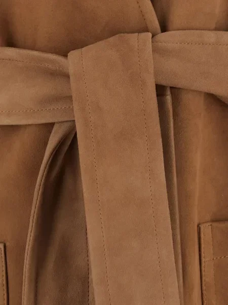 Cu centură palton Max Mara din piele de căprioară maro
