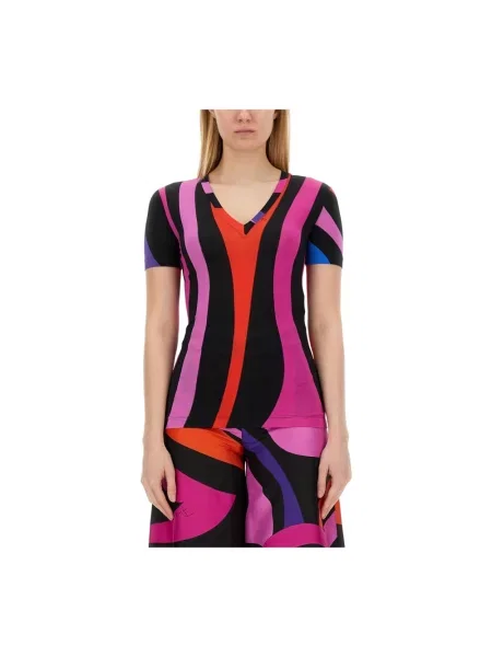 Wielobarwność koszulka Pucci z nadrukiem z dekoltem w serek