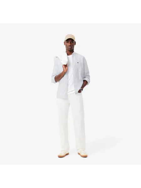Lacoste Lniana Koszula W Paski Regular Fit niebieska