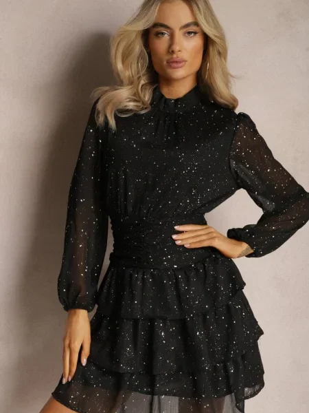 Rochie de Cocktail cu Volane și Imprimeu Strălucitor Merrinda neagră