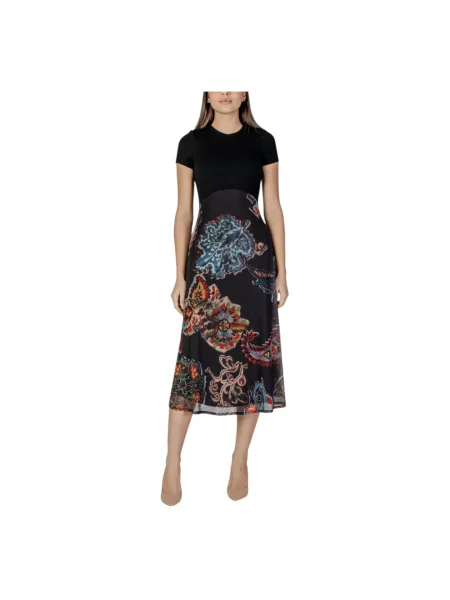 Desigual sukienka PAISLEY MESH_LACROIX midi rozkloszowana czarny