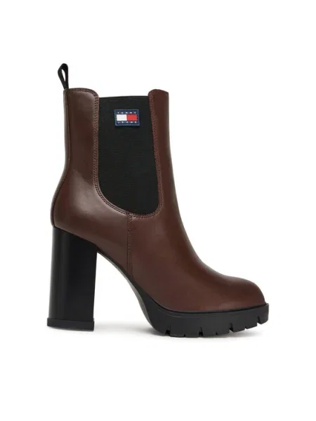 Кожени боти Tommy Jeans TJW LEATHER HEEL BOOT с дебел с лека изолация кафяво