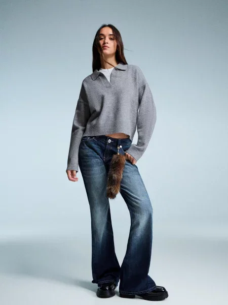 Bershka Sweter Z Kołnierzykiem Typu Polo Kobieta Xl szary