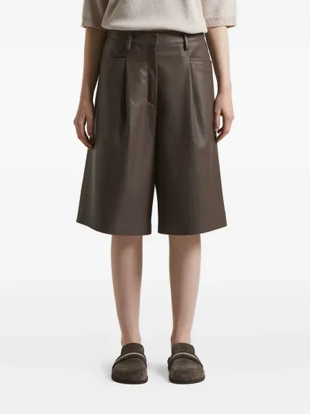 Pantaloni scurți Peserico din piele plisate maro