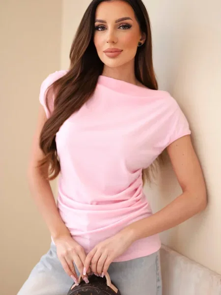 Top Kesi Włoski cu guler înalt cu nervuri roz