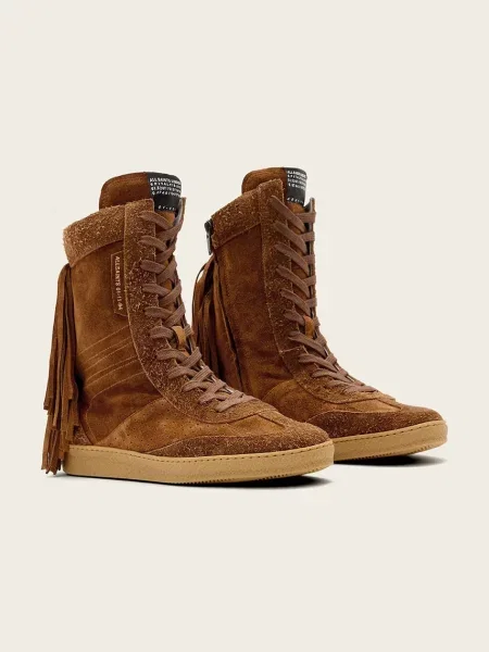 AllSaints buty zamszowe Louise Fringe Ht brązowe