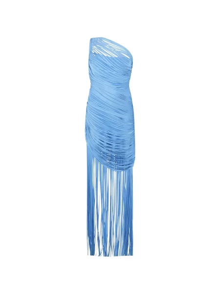 Rochie maxi David Koma cu franjuri cu un umăr gol albastru