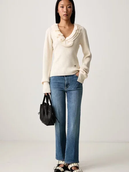 GANNI Ribbed Frill sweter z wełną merino