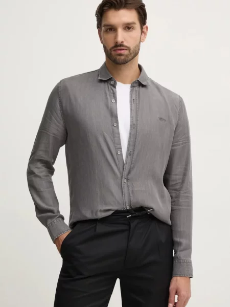 Риза Guess мъжка с кройка по тялото с класическа яка сиво