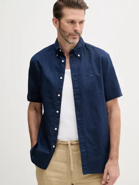 Srajca s primesjo lanu Tommy Hilfiger mornarsko modra