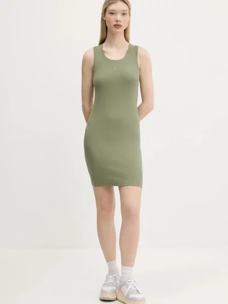 Tommy Jeans oprijeta obleka z elastanom zelena