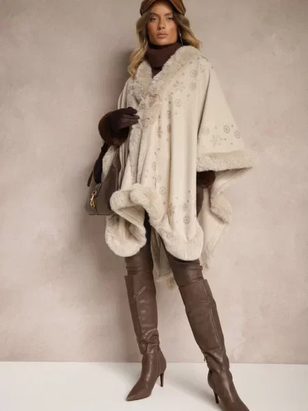 Jasnobeżowe Ponczo z Wełny i z Futerkiem i Błyszczącymi Cyrkoniami Issanel beżowe