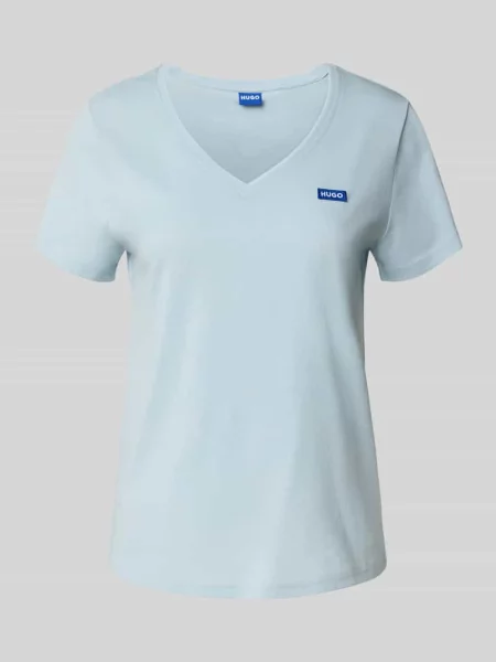 T-shirt z wyhaftowanym logo i dekoltem w serek niebieska