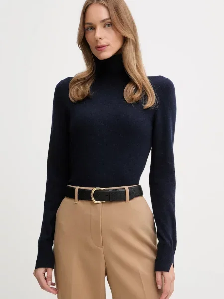 Sisley sweter z domieszką wełny lekki z golfem granatowy