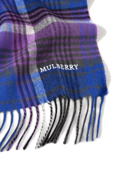 Fular Mulberry cu franjuri în carouri albastru