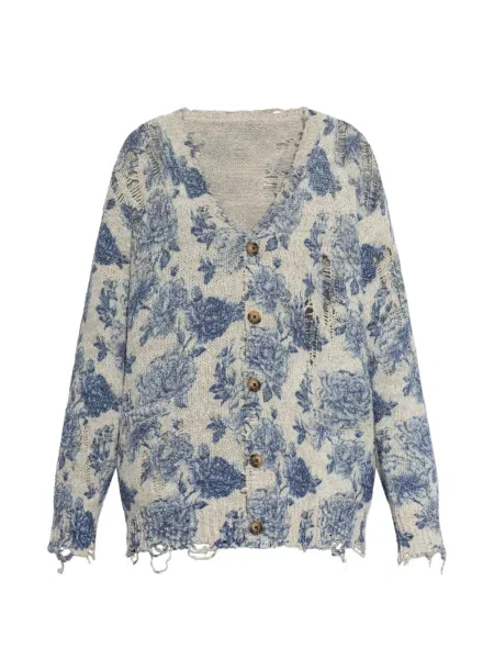 Cardigan R13 zdrențuiți cu model floral albastru