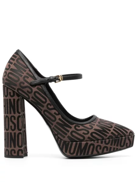 Pantofi cu toc Moschino din jacard cu toc bloc cu autograf maro