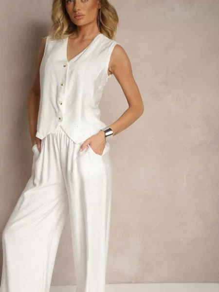 Komplet o Garniturowym Kroju z Lnem Kamizelka i Spodnie z Cyrkoniami Redavale biały