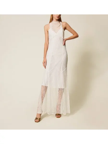 Rochie maxi Twinset din dantelă de costum alb