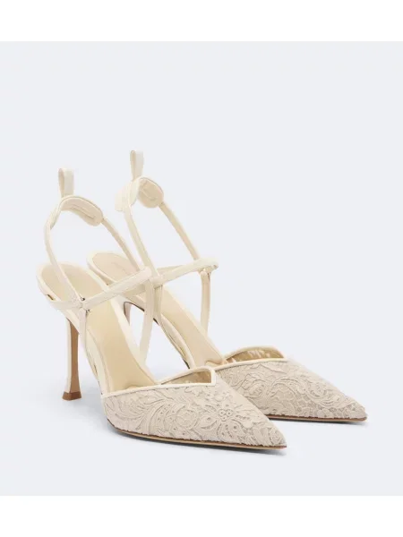 Pantofi cu toc Fendi cu model floral din dantelă slingback bej