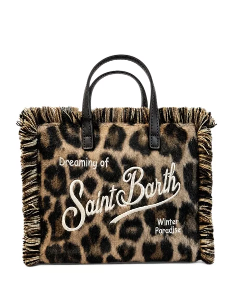 Geantă shopper Mc2 Saint Barth cu franjuri cu model leopard maro