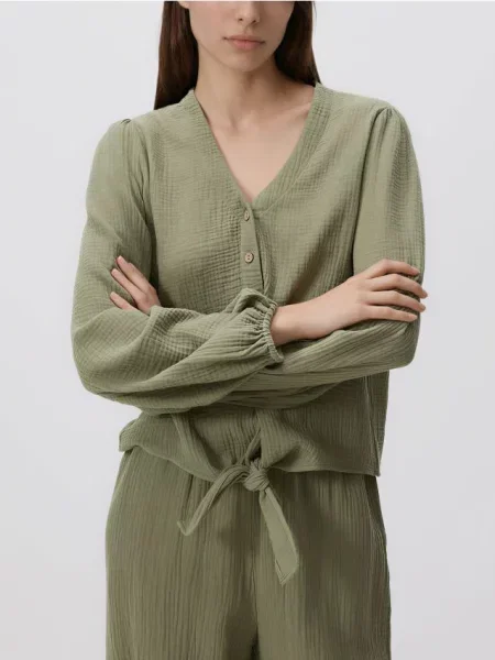 Reserved Cămașă din muselină cu cordon verde-oliv deschis verde