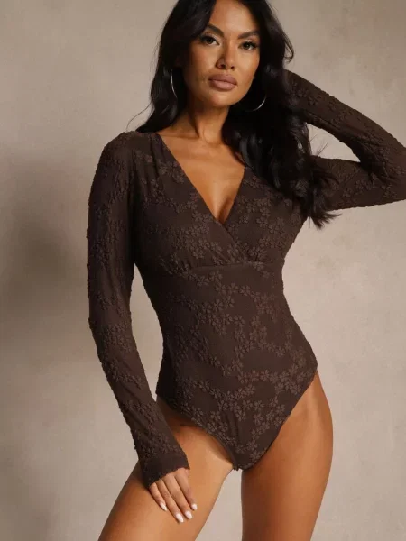 Body Longsleeve z Koronki z Bawełną Zenisesa brązowe