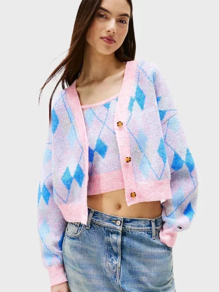 Укороченный кардиган Tommy Jeans с узором аргайл розовый