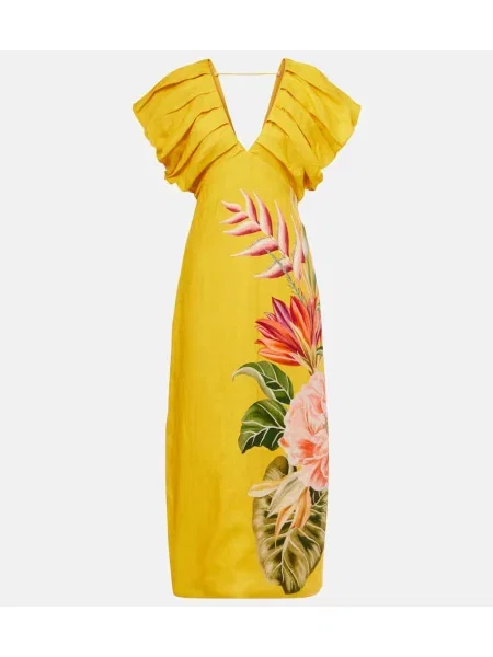 Lniana sukienka midi Farm Rio w kwiatki do kolan pomarańczowa