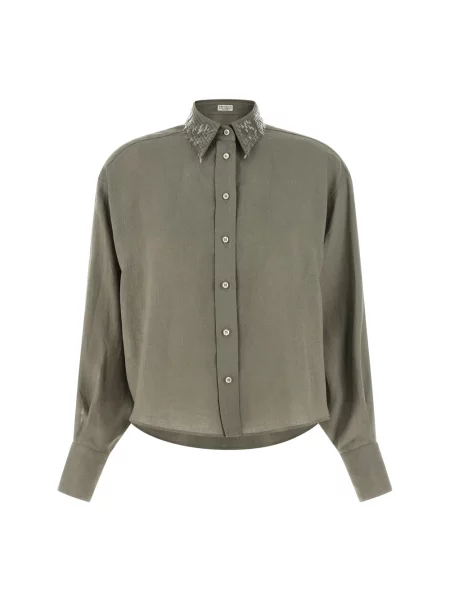 Haftowana lniana kołnierzykowy koszula Brunello Cucinelli zielona