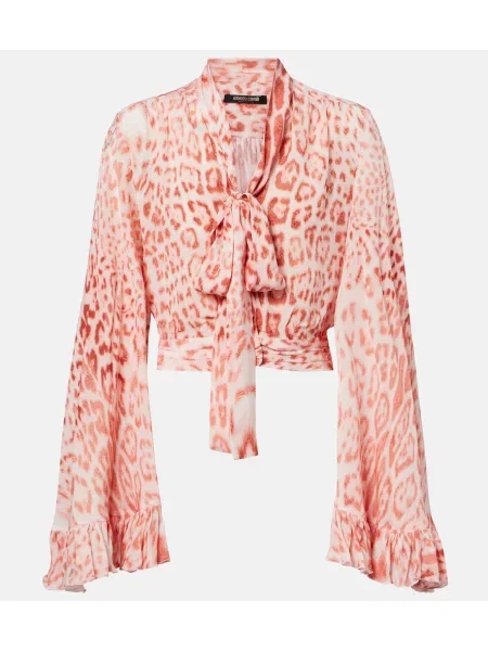 Bluză Roberto Cavalli cu imagine cu model leopard din jerseu roz