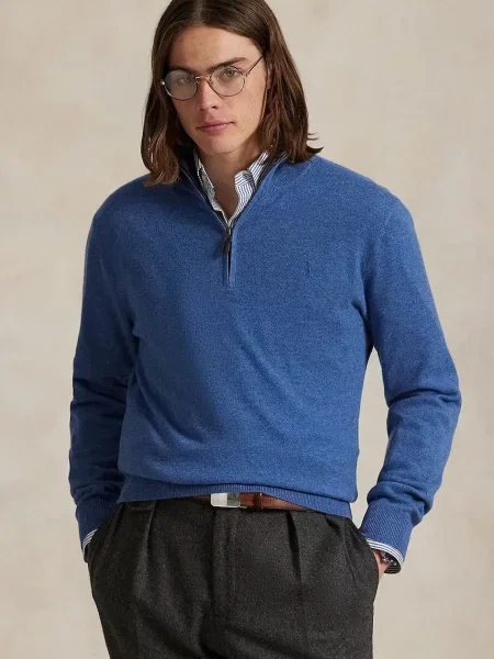 Вълнен пуловер Polo Ralph Lauren мъжки с ниско поло синьо