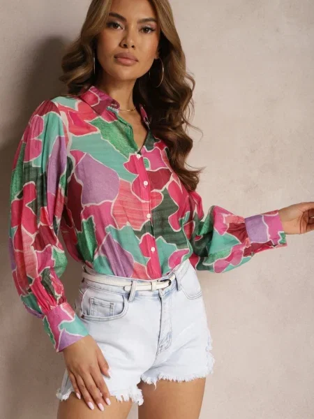 Cămașă Roz-Verde cu Mânecă Lungă și Manșete Late Încheiată cu Comenna verde