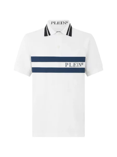 Tricou polo Philipp Plein cu dungi cu autograf alb