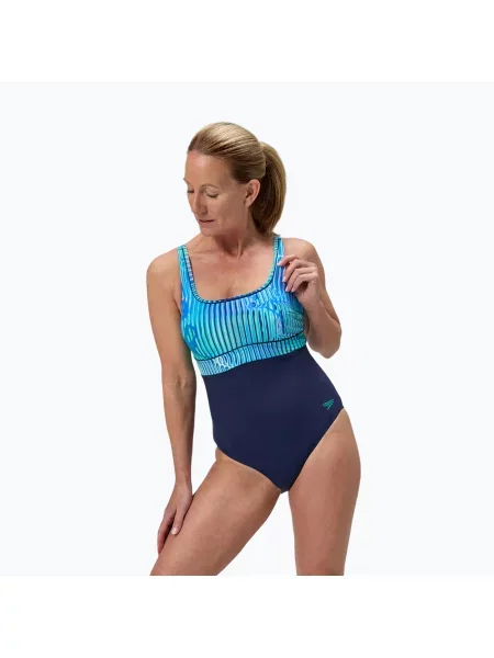 Дамски цял бански костюм Speedo Shaping Contour Eclipse Printed turquoise gem синьо