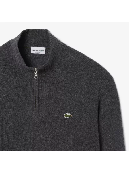 Lacoste Wełniany Sweter Z Wysokim Kołnierzem I Zamkiem szary