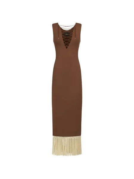 Rochie midi Taller Marmo cu franjuri cu șireturi din dantelă maro