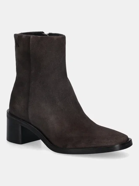 Calvin Klein cizme din piele întoarsă BLOCK HEEL ZIP BOOT SUE maro