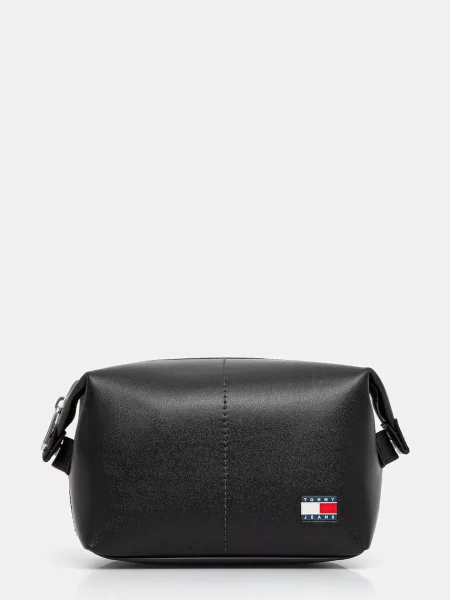 Кожена козметична чанта Tommy Jeans черно